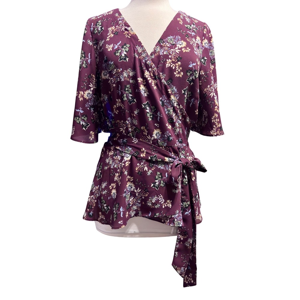 LOFT Wrap Blouse Womens Large Burgundy Floral Short Flutter Sleeve Tie Waist Top